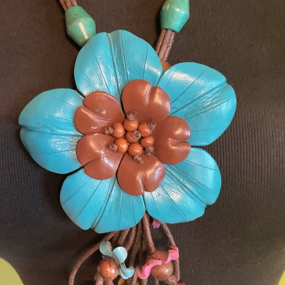 Blue and Brown 4" Flower Handmade Leather Necklace